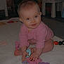 baby, carpet, chair, child, cute, floor, furniture, hand, happy, head, indoor, infant, person, pink_clothing, playing, room, smiling, table, toddler, toy
