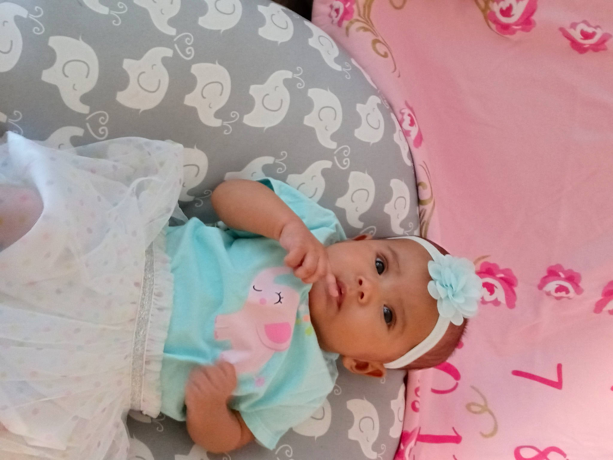 Belle is registered to the contest to win money with this photo: baby, baby_products, baby_toddler_clothing, cheek, child, comfort, eyelash, fashion_accessory, hair_accessory, happy, headgear, headwear, linens, pattern, peach, person, pink, product, room, skin