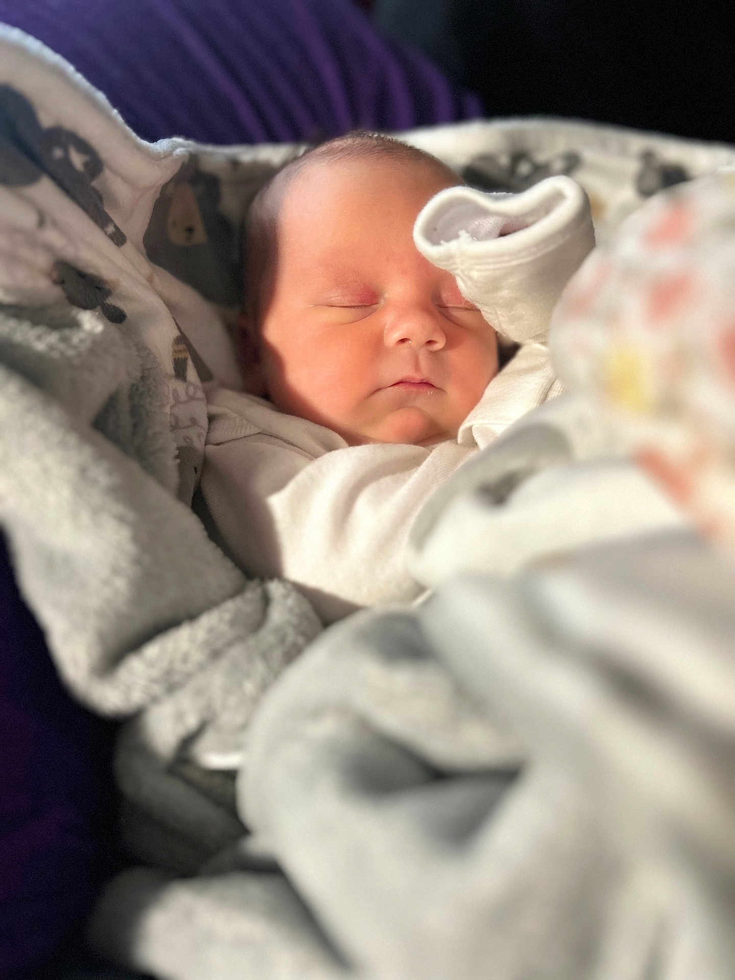 Amira joined the competition — help win amazing prizes! baby, infant, newborn, sleeping, blanket, bedding, swaddle, sock, face, closed_eyes, peaceful, cozy, portrait, closeup, soft_light, nursery, blanket_pattern, nap, cute, bokeh