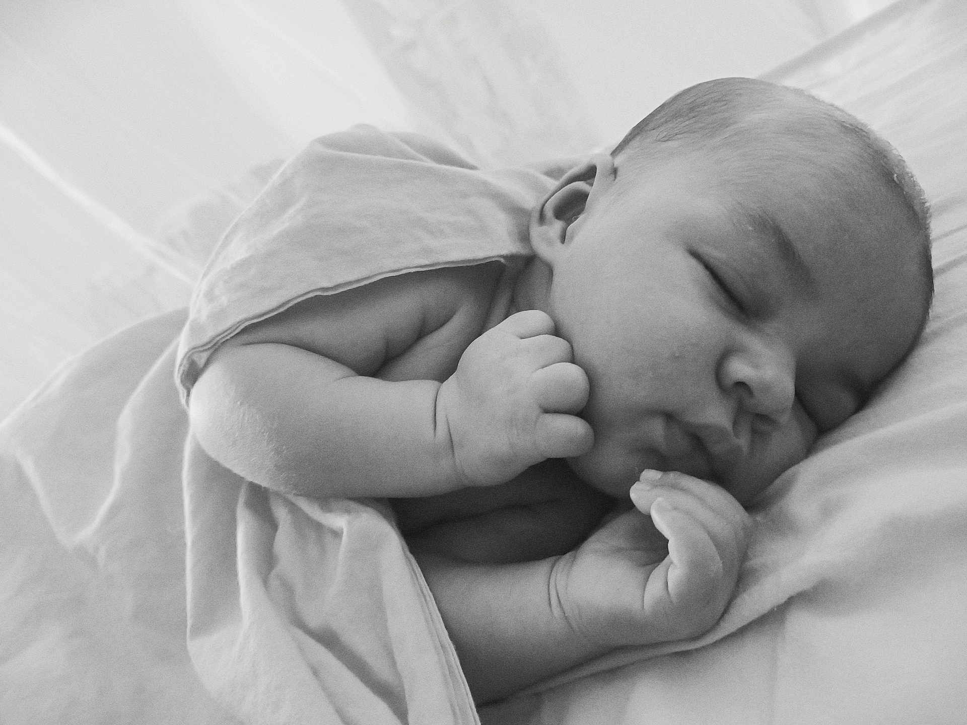 Mateo participe au concours pour gagner de l'argent avec cette photo : baby, sleeping, newborn, blanket, infant, peaceful, black_and_white, soft, cute, face, hand, nap, portrait, bed, rest, child, skin, young, tender, calm