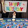 child, toddler, birthday, cake, cupcakes, balloon, banner, table, tablecloth, party, celebration, mickey_mouse, goofy, colorful, happy, clapping, indoors, smiling, festive, one_year_old