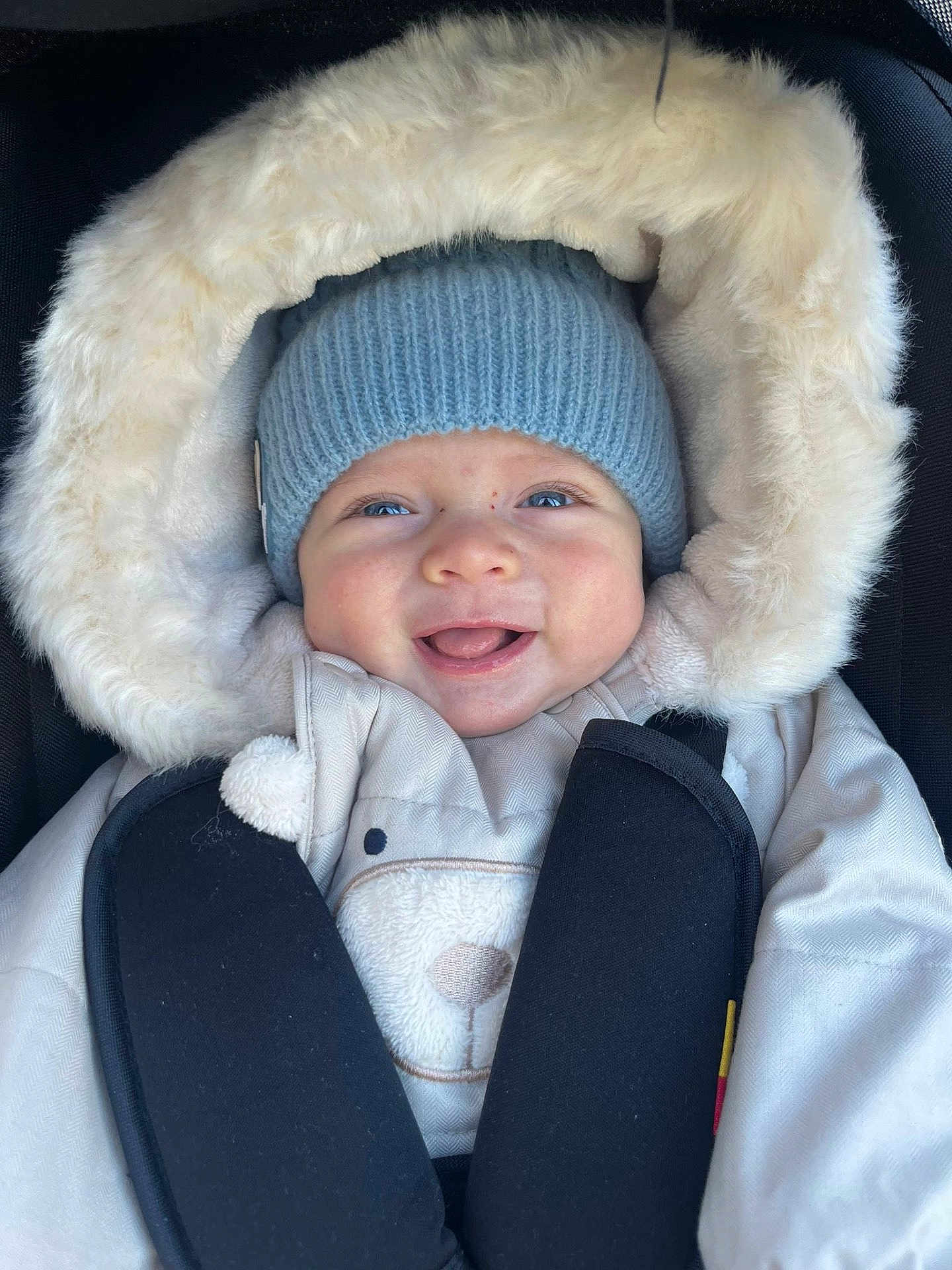 Léopold participe au concours pour gagner de l'argent avec cette photo : baby, infant, child, smiling, beanie, fur_hood, winter_coat, car_seat, harness, bundled_up, blue_eyes, rosy_cheeks, closeup, portrait, cozy, cute, tongue_out, soft_lighting, plush, warm_tones