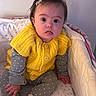 Yaren is registered to the contest to win money with this photo: baby, child, infant, crib, yellow_sweater, knitted_clothing, grey_outfit, heart_pattern, bear_slippers, hair_clip, sitting, indoors, cute, wide_eyes, looking_at_camera, soft_lighting, bed_linen, polka_dots, cozy, portrait