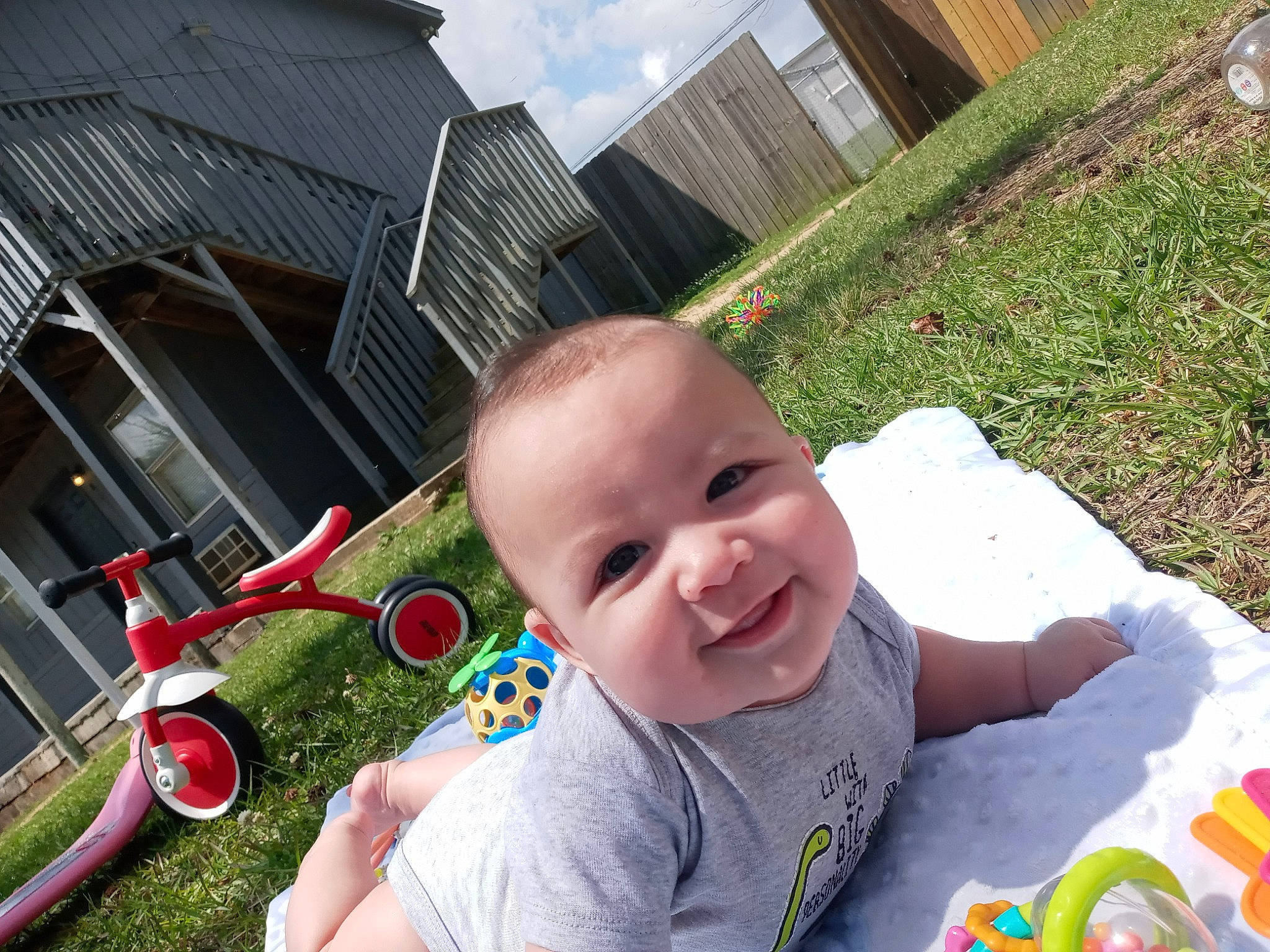 Larry is registered to the contest to win money with this photo: baby, baby_toddler_clothing, child, cloud, fun, grass, happy, joy, lawn, leaf, leisure, person, plant, recreation, skin, sky, smile, summer, tire, toddler