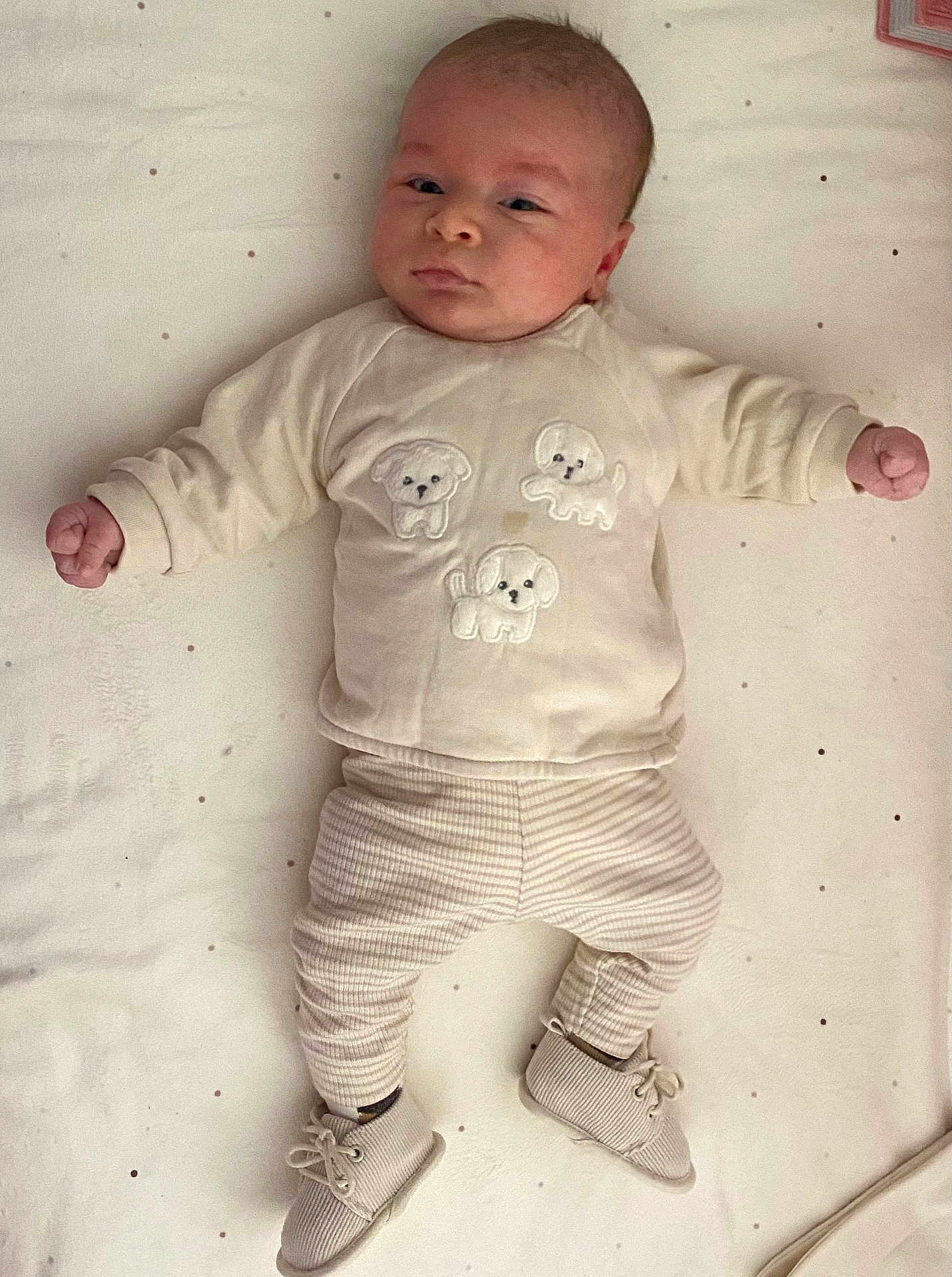 Sanad participe au concours pour gagner de l'argent avec cette photo : baby, infant, clothing, lying_down, blanket, face, expression, footwear, pajamas, cute, indoors, child, soft_texture, pattern, knit, person, sleepwear, newborn, resting, cozy