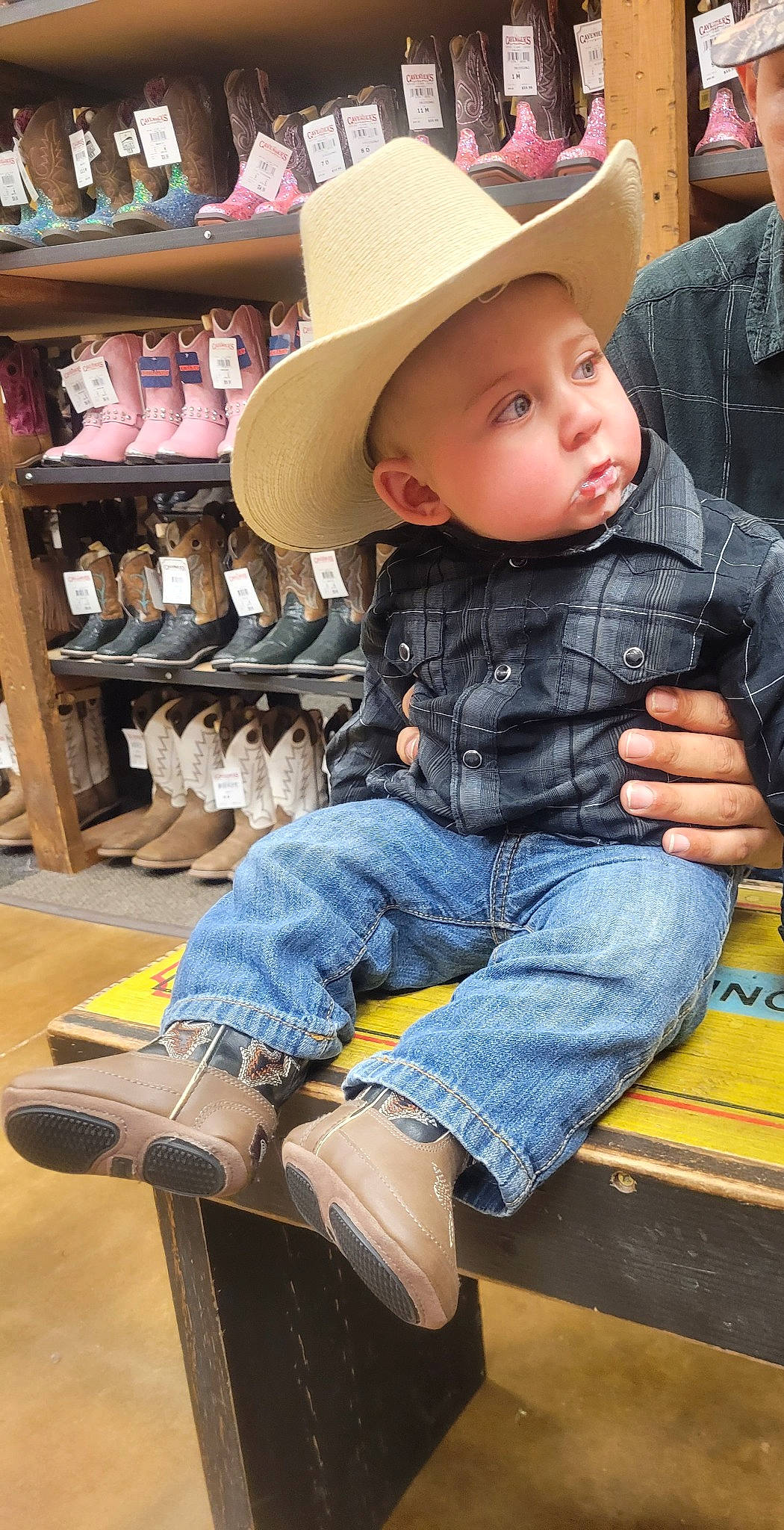 Milan joined the competition — help win amazing prizes! baby, baby_toddler_clothing, cap, cool, denim, fashion, fashion_accessory, hat, headgear, headwear, jeans, person, shelf, shelving, shoe_organizer, sitting, sneakers, street_fashion, sun_hat, thigh