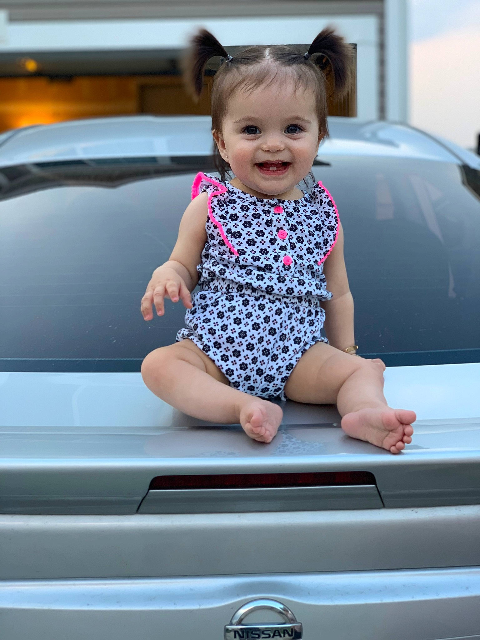 Heather joined the competition — help win amazing prizes! arm, automotive_design, automotive_exterior, automotive_lighting, baby_toddler_clothing, bumper, car, dress, hand, head, hood, jeans, joy, motor_vehicle, person, photograph, pink, smile, t_shirt, toddler