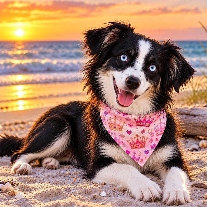 Lakota Skye joined the competition — help win amazing prizes! dog, beach, sunset, ocean, sand, portrait, blue_eyes, black_and_white, long_fur, smiling, lying_down, bandana, pink, outdoor, coastline, waves, sunlight, driftwood, pet, animal