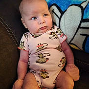 Miracle joined the competition — help win amazing prizes! arms, baby, blanket, blue_blanket, child, couch, curious_expression, head, indoor, infant, legs, mittens, monkey_pattern, onesie, person, pink_clothing, plush_blanket, seated, skin, soft_lighting