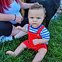 Jameson joined the competition — help win amazing prizes! toddler, child, grass, outdoor, woman, red_hair, dog, black_dog, overalls, striped_shirt, barefoot, lawn, person, summer, nature, pet, casual_clothing, sitting, curious, backyard