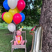 Joseph is registered to the contest to win money with this photo: baby, birthday, balloons, outdoor, grass, tree, chair, party_hat, number_one, smiling, child, celebration, red, yellow, blue, green, wood, nature, fun, happy