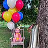 baby, birthday, balloons, outdoor, grass, tree, chair, party_hat, number_one, smiling, child, celebration, red, yellow, blue, green, wood, nature, fun, happy