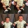 baby, boy, casual_clothing, child, collage, couch, curly_hair, cute, expression, furniture, indoor, person, playful, portrait, shorts, sitting, smiling, striped_shirt, white_shoes, young_child