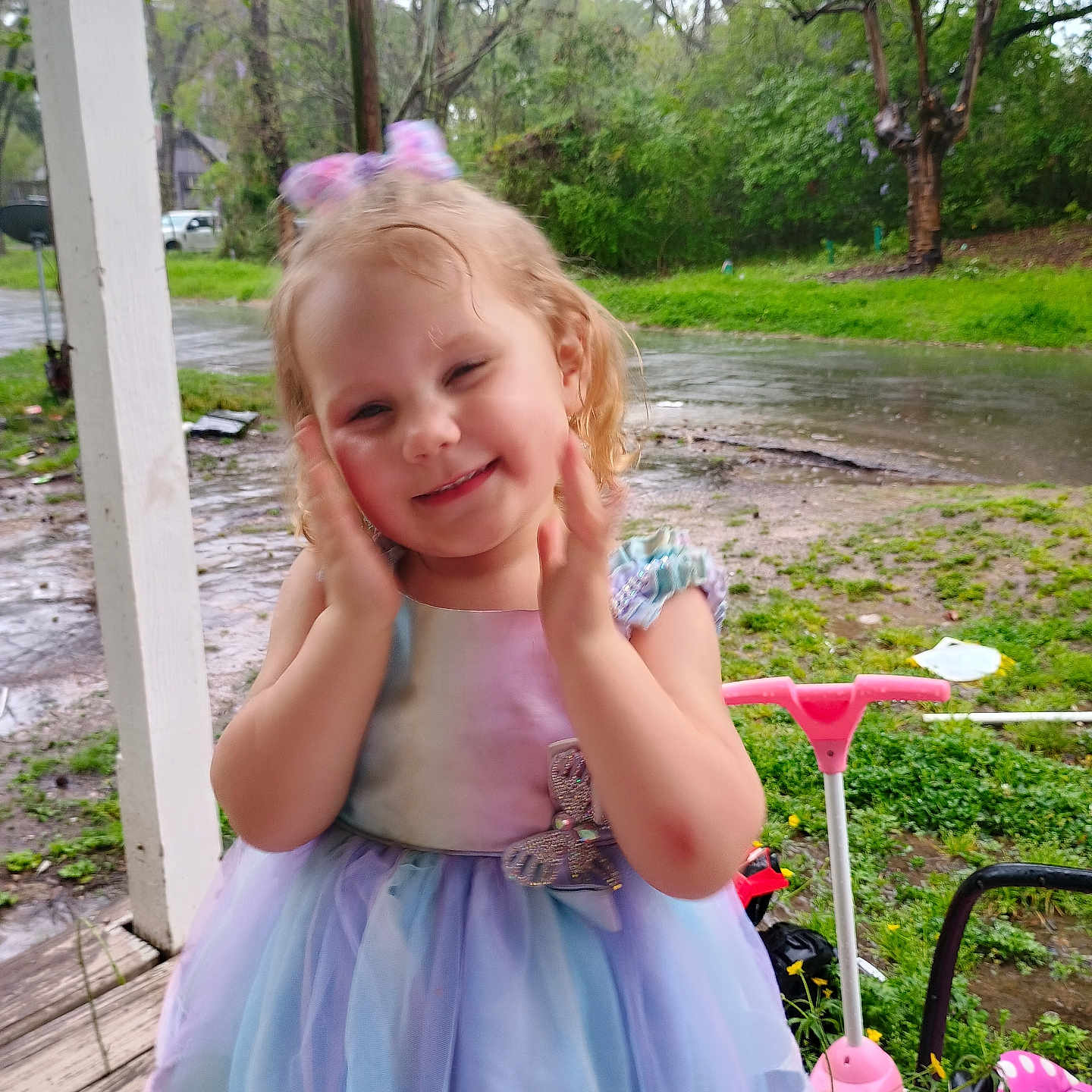 Ive is registered to the contest to win money with this photo: architecture, building, car, child, clothing, dress, face, female, girl, grass, head, house, housing, person, photography, plant, porch, portrait, tree, wood