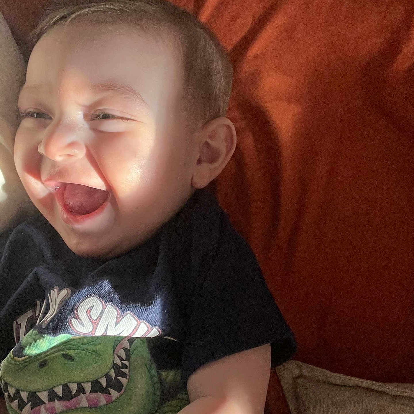 Sekani is registered to the contest to win money with this photo: baby, babylaughing, clothing, couch, cushion, face, furniture, happy, head, homedecor, laughing, person, photography, portrait, t_shirt