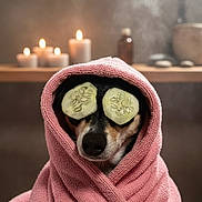 Paris is registered to the contest to win money with this photo: dog, towel, cucumber_slices, spa, candles, relaxation, steam, indoor, pet, black_dog, pink, wrapped, cute, face, nose, animal, wellness, cozy, calm, beauty