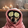 dog, towel, cucumber_slices, spa, candles, relaxation, steam, indoor, pet, black_dog, pink, wrapped, cute, face, nose, animal, wellness, cozy, calm, beauty