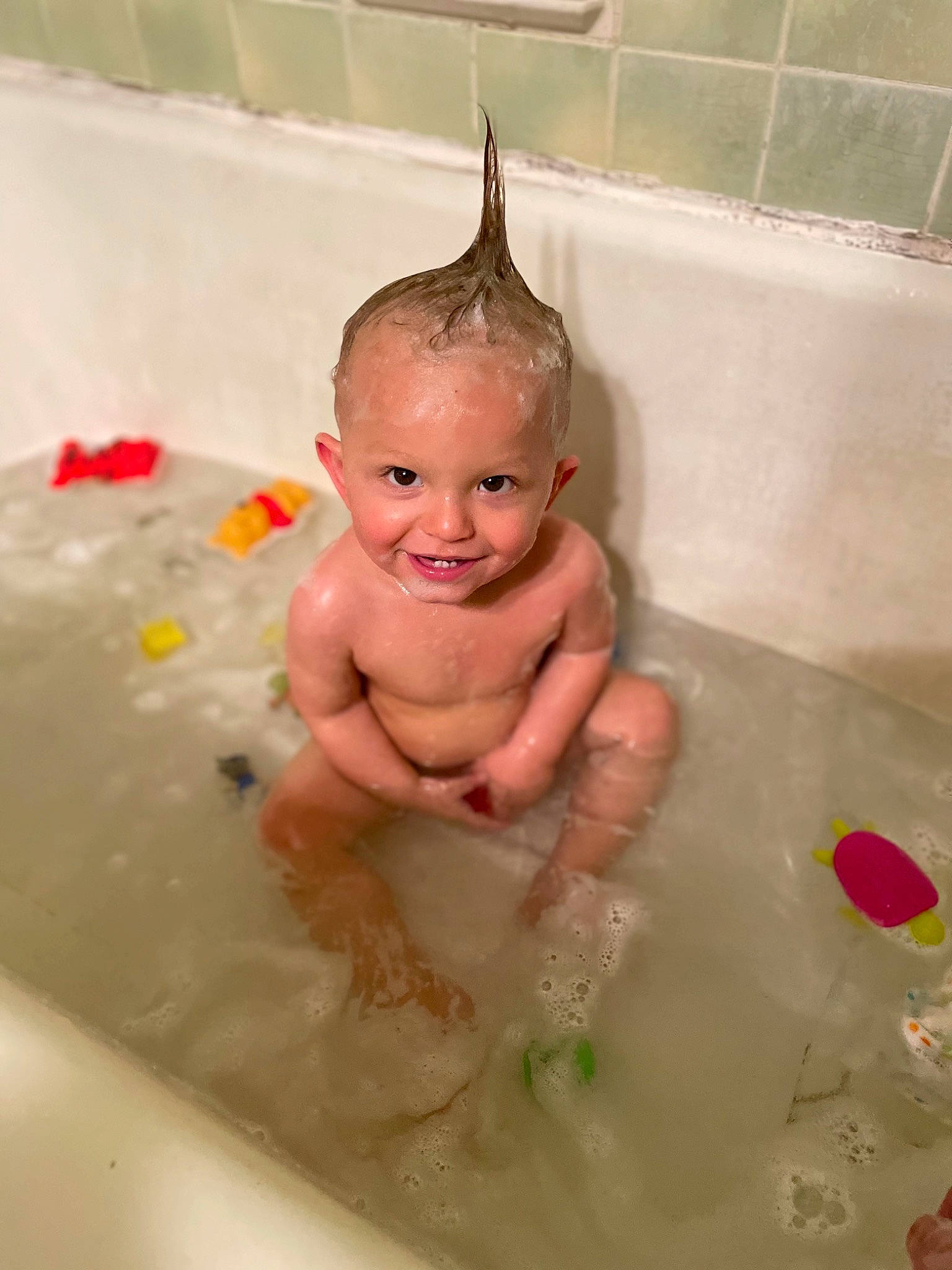 Carter joined the competition — help win amazing prizes! baby, baby_bathing, bathing, bathroom, bathtub, chest, eye, fluid, foam, fun, head, human_body, joy, liquid, person, personal_care, pink, plumbing, plumbing_fixture, smile