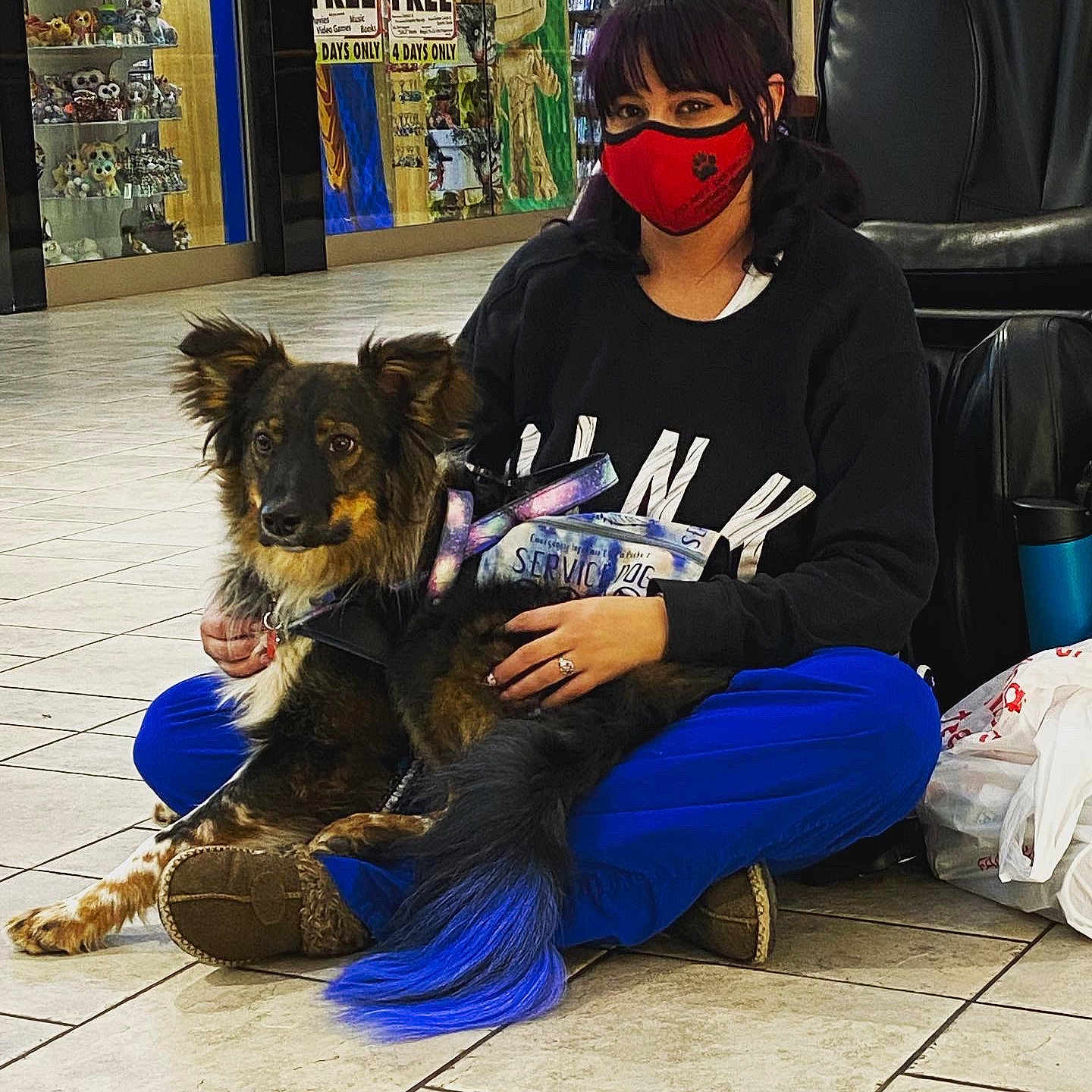 Jasper is registered to the contest to win money with this photo: backpack, baseball_cap, boot, carnivore, companion_dog, dog, dog_breed, eyewear, flooring, fun, fur, leisure, sitting, sneakers, sporting_group, street, street_fashion, t_shirt, toy_dog, vertebrate
