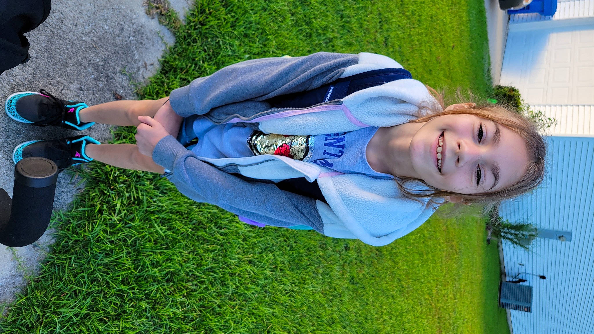 Jasmine is registered to the contest to win money with this photo: child, electric_blue, fun, grass, grass_family, grassland, happy, human_leg, joy, lawn, leisure, people_in_nature, person, plant, recreation, smile, t_shirt, tree