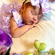 Aislinn is registered to the contest to win money with this photo: baby, newborn, sleeping, purple, headband, bow, flower, flowers, blanket, soft, peaceful, infant, cute, closeup, portrait, rest, sleep, skin, hand, outdoor