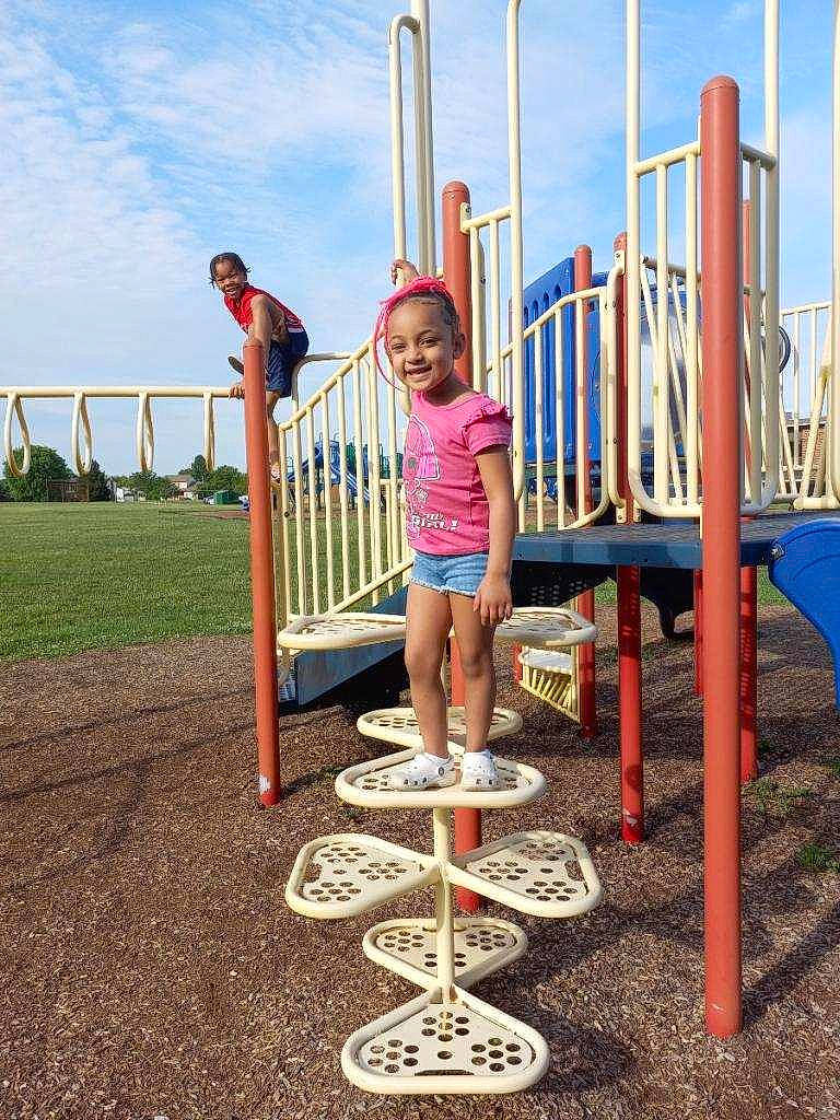 Aubrey joined the competition — help win amazing prizes! child, chute, city, cloud, electric_blue, fun, grass, joy, leisure, nonbuilding_structure, outdoor_play_equipment, outdoor_recreation, person, play, playground, recreation, shorts, sky, smile, summer