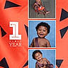 Azari joined the competition — help win amazing prizes! baby, child, toddler, portrait, smiling, happy, birthday, one_year_old, milestone, collage, multiple_photos, orange_background, geometric_pattern, plush_toy, outfit, indoor, wood_floor, studio_portrait, curly_hair, family_photo