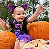 baby, child, halloween, costume, witch, purple, pumpkins, autumn, outdoor, forest, smiling, happy, sitting, infant, portrait, blanket, orange, celebration, festive, cute