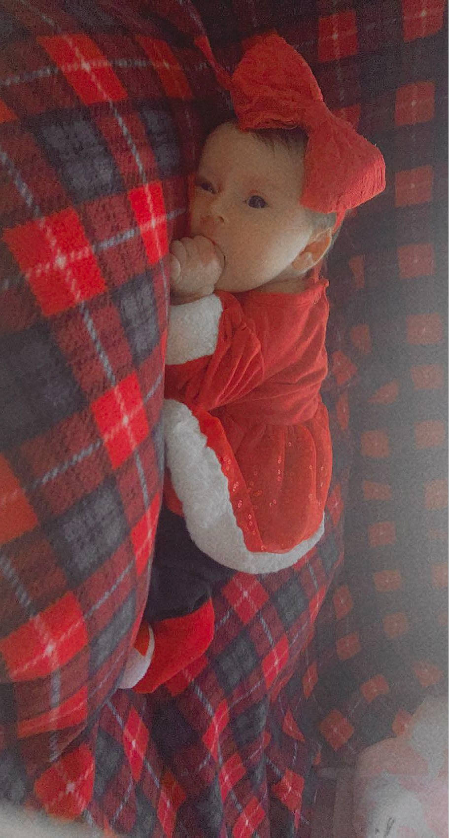 Athena is registered to the contest to win money with this photo: baby, baby_toddler_clothing, carmine, child, design, doll, event, fur, hat, pattern, person, plaid, rectangle, red, sleeve, stuffed_toy, tartan, teddy_bear, textile, toy