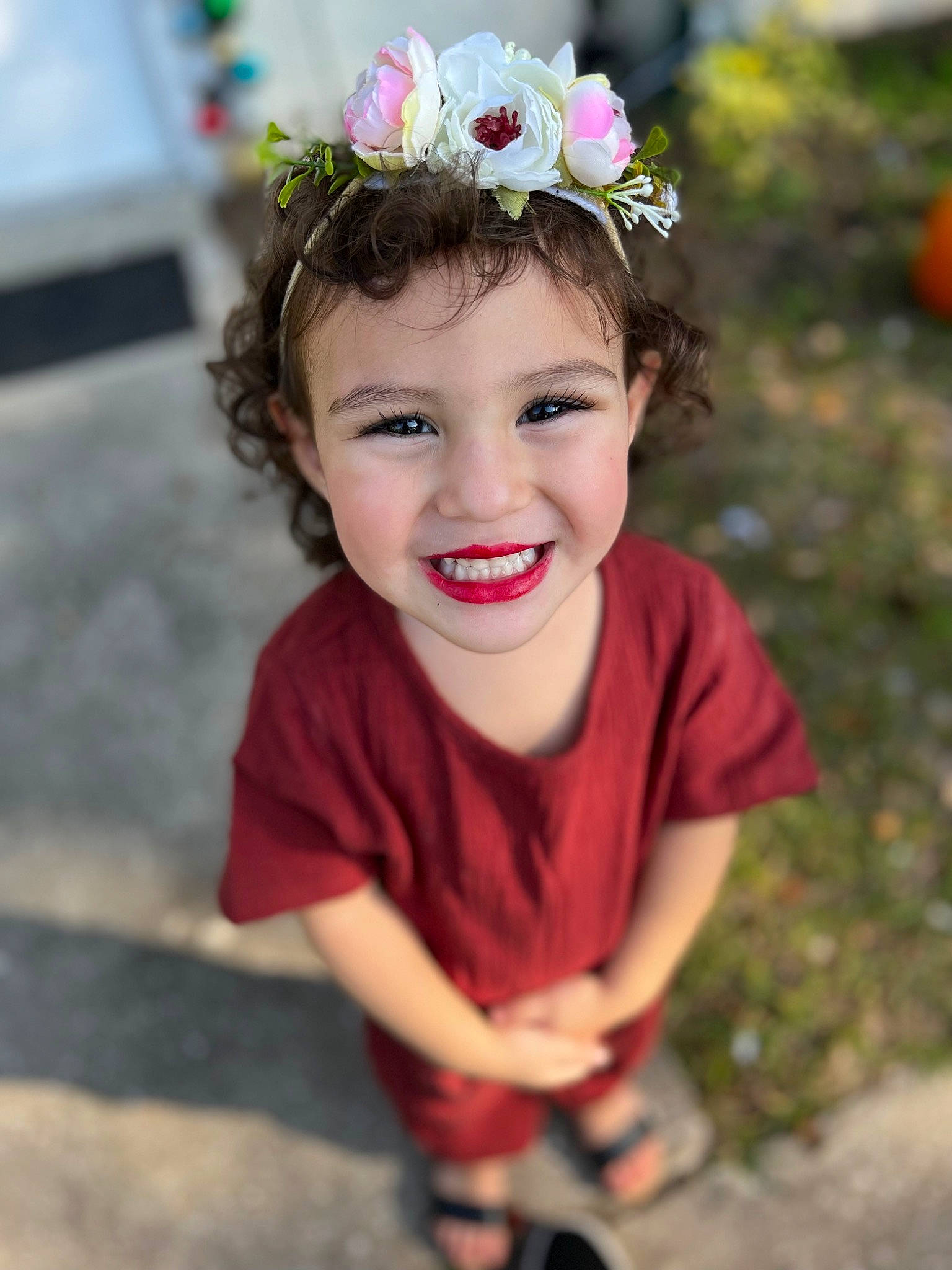 Olivia joined the competition — help win amazing prizes! baby_toddler_clothing, brown_hair, child, eye, face, fashion_accessory, flash_photography, flower, fun, grass, hair_accessory, happy, hat, headgear, headpiece, joy, lip, person, pink, plant