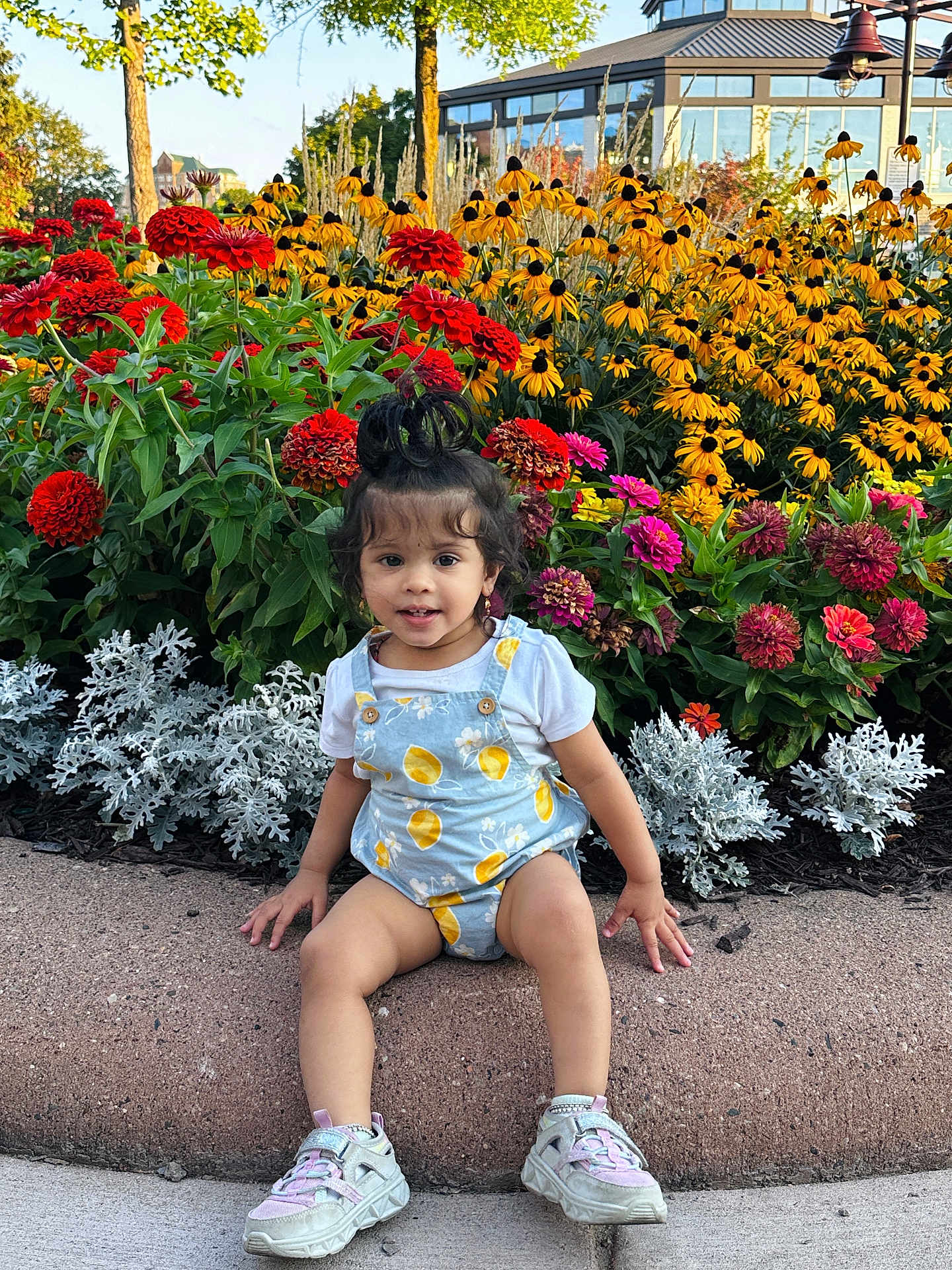 Mandaara is registered to the contest to win money with this photo: toddler, child, flower_bed, flowers, outdoor, plants, greenery, curb, sidewalk, romper, sneakers, hair_tied_up, yellow_flowers, red_flowers, pink_flowers, white_flowers, daylight, nature, casual_clothing, garden