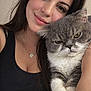 Lola is registered to the contest to win money with this photo: woman, cat, pet, selfie, smile, face, animal, feline, portrait, indoor, long_hair, black_tank_top, gray_cat, white_paws, cute, affection, close_up, young_adult, friendly, expression