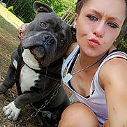 Scrappy Doo Chan joined the competition — help win amazing prizes! barefoot, brown_hair, casual_clothing, chain_leash, daylight, dog, dog_face, expression, grass, greenery, kneeling, nature, outdoor, park, person_face, selfie, summer, tank_top, tree, woman