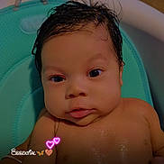 Kyomi joined the competition — help win amazing prizes! baby, infant, bath, water, wet_skin, baby_bath, blue_bath_seat, child, cute, skin, face, eyes, expression, indoors, person, newborn, toddler, text_overlay, love, heart