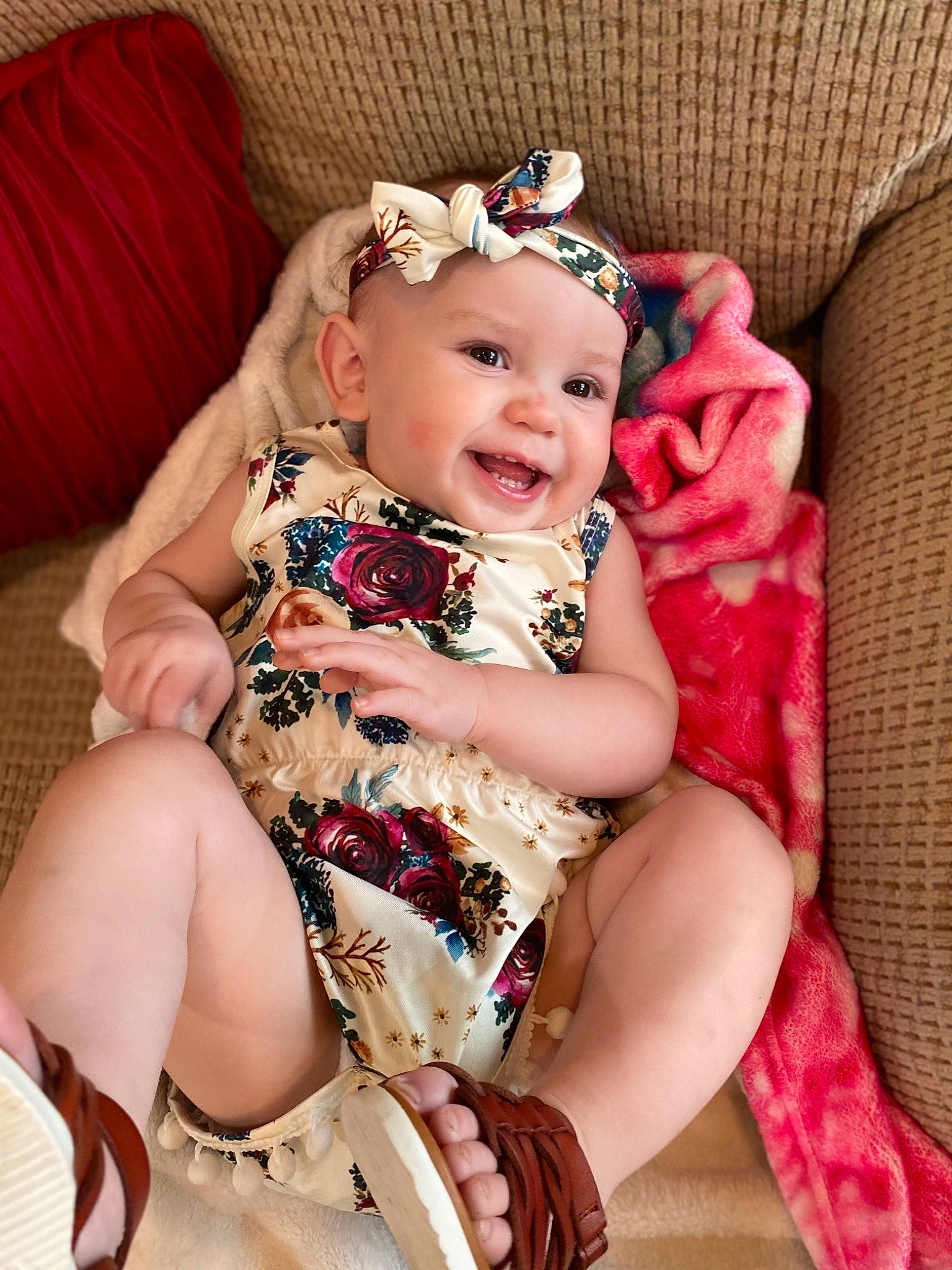 Finnlee joined the competition — help win amazing prizes! baby, baby_toddler_clothing, child, comfort, dress, face, happy, head, headband, headpiece, headwear, iris, jewellery, magenta, pattern, person, pink, purple, skin, smile