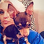 Chloe is registered to the contest to win money with this photo: animal, blonde_hair, blue_shirt, butterfly, casual, closeup, companion, couch, cute, dog, face, filter, indoor, pattern, person, pet, pillow, portrait, relaxing, small_dog