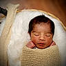 newborn, baby, sleeping, wrapped, blanket, knitted, cushion, soft, face, head, peaceful, infant, closeup, portrait, indoors, cozy, warm, wooden_floor, resting, child