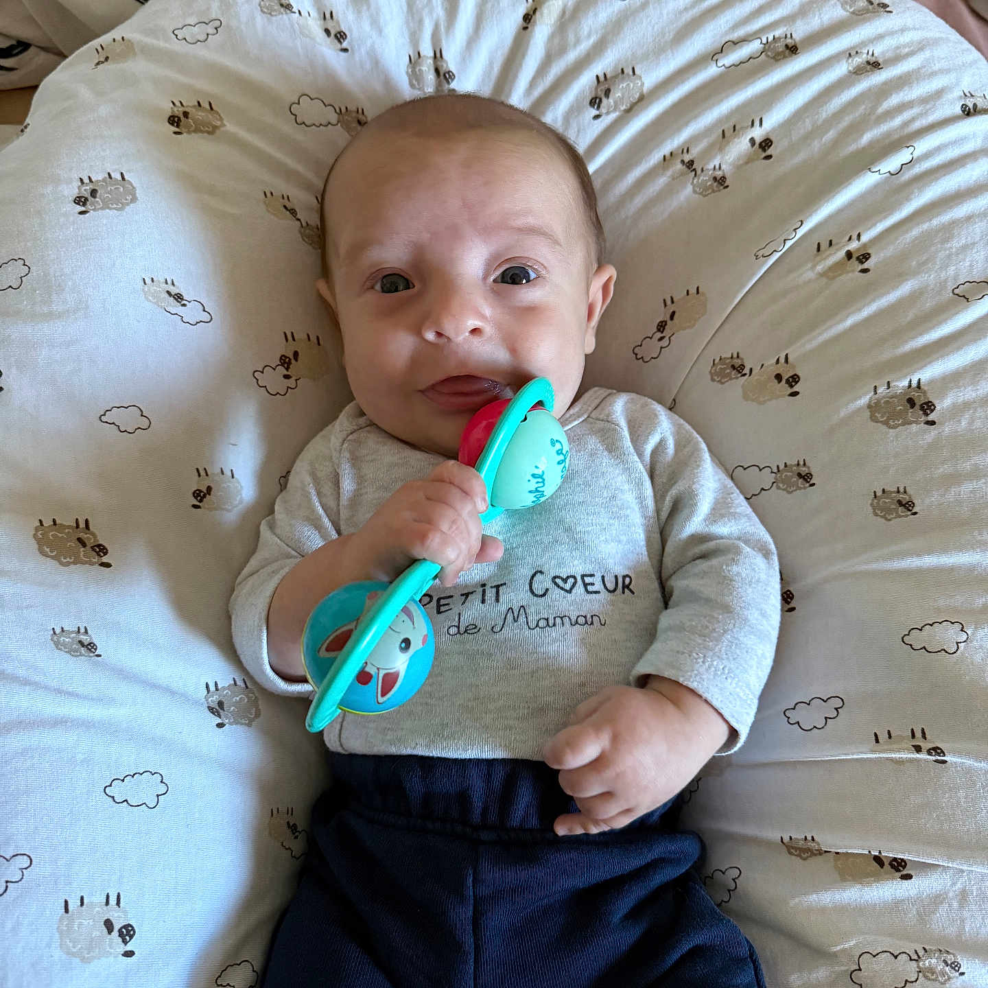 Ayden participe au concours pour gagner de l'argent avec cette photo : baby, child, clothing, comfort, cute, expression, face, grey_shirt, hand, indoor, infant, lying_down, navy_pants, person, pillow, playful, sheep_pattern, soft, toy, young_child