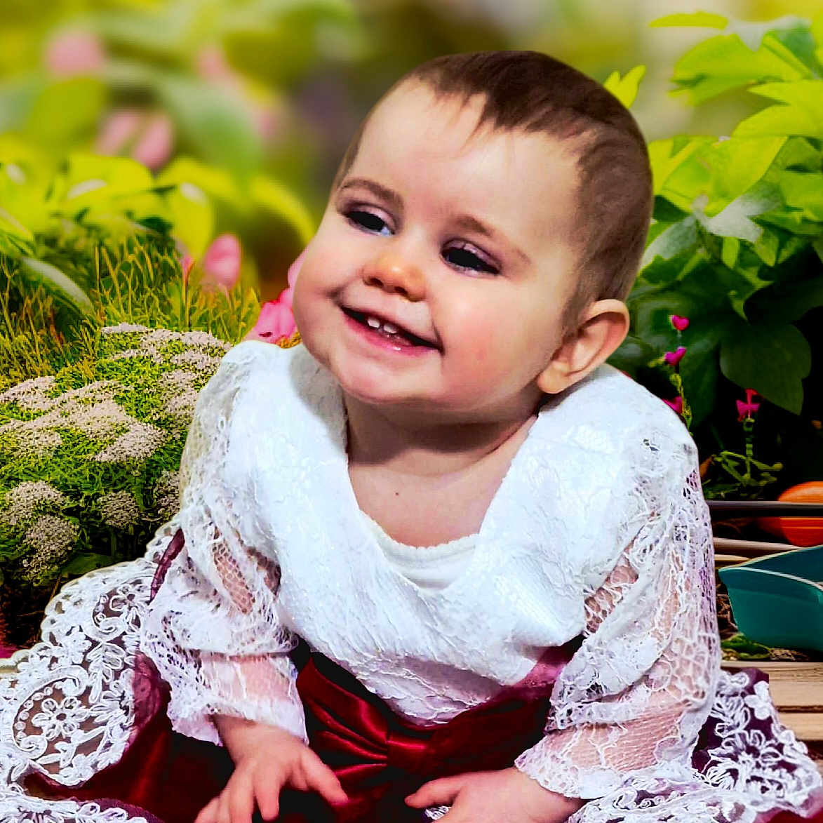 Talya a rejoint le concours — aidez-le/la à gagner de superbes lots ! baby, burgundy, child, cute, face, flowers, garden, greenery, hands, happy, infant, lace_dress, outdoor, person, plants, portrait, sitting, smile, white, young
