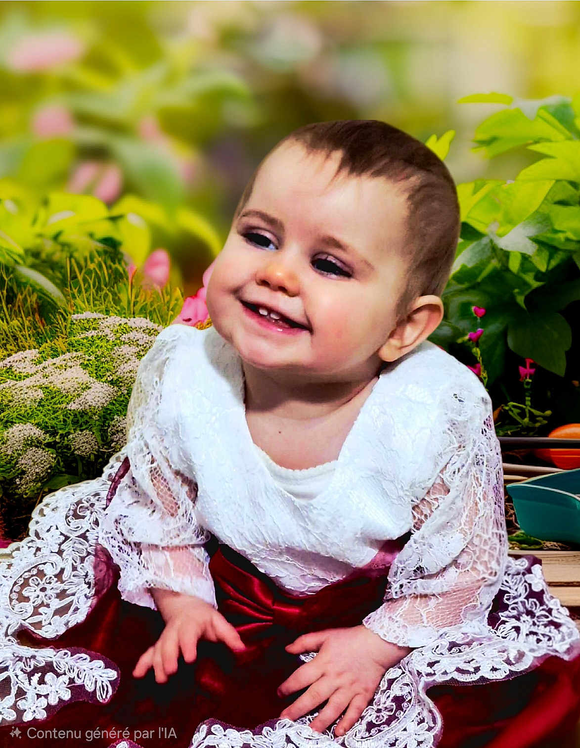 Talya a rejoint le concours — aidez-le/la à gagner de superbes lots ! baby, child, smile, lace_dress, white, burgundy, garden, plants, flowers, greenery, portrait, happy, cute, infant, outdoor, hands, sitting, person, young, face