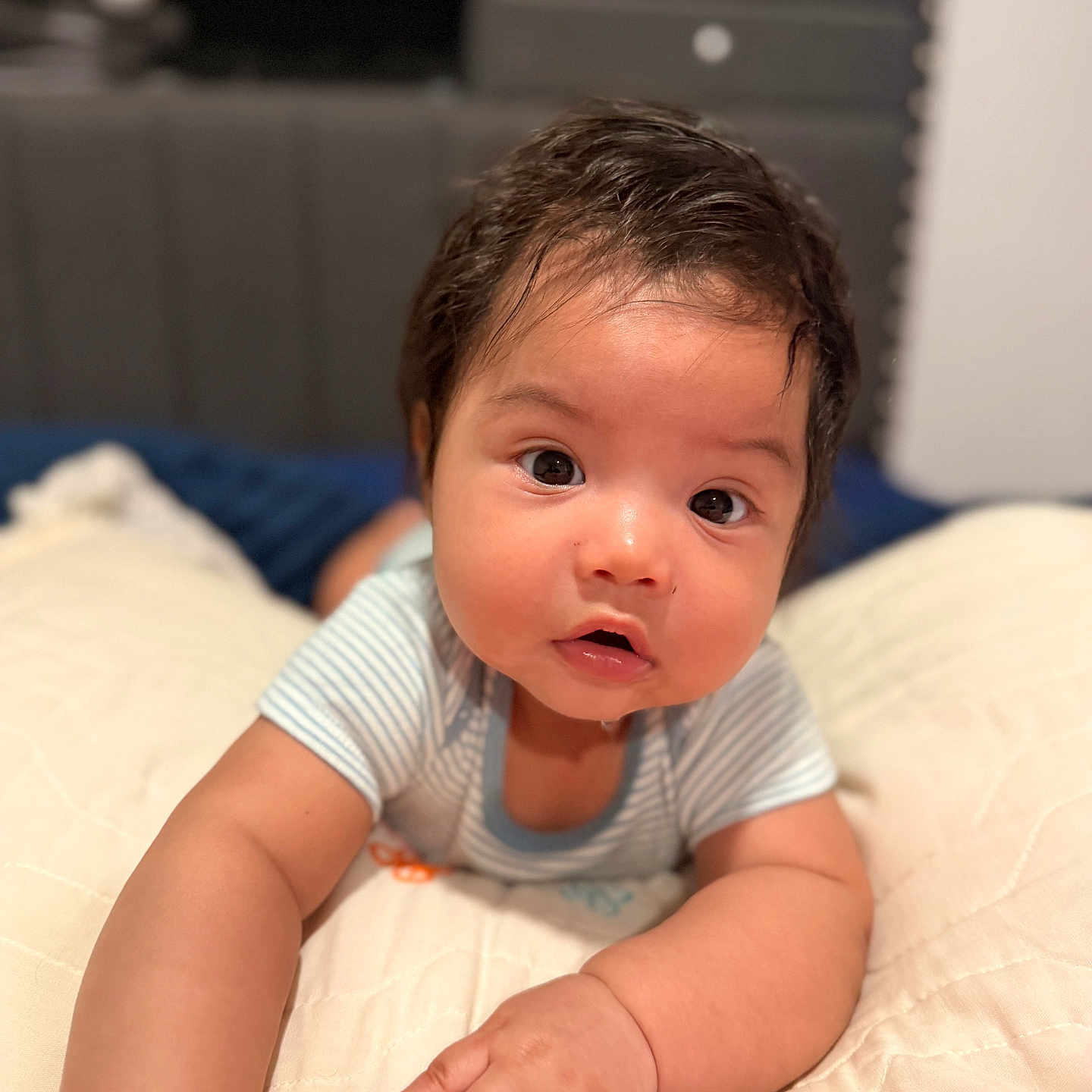 Ezekiel is registered to the contest to win money with this photo: baby, infant, child, portrait, face, wide_eyed, curious, indoor, bedroom, bed, blanket, bedding, striped_shirt, short_hair, brown_hair, sitting, crawling, hands, warm_lighting, home