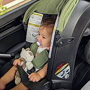 Eliana is registered to the contest to win money with this photo: toddler, child, car_seat, pacifier, stuffed_animal, toy, green_canopy, car_interior, seatbelt, baby, cute, safety, resting, side_view, window, vehicle, infant, young_child, car_safety, bracelet
