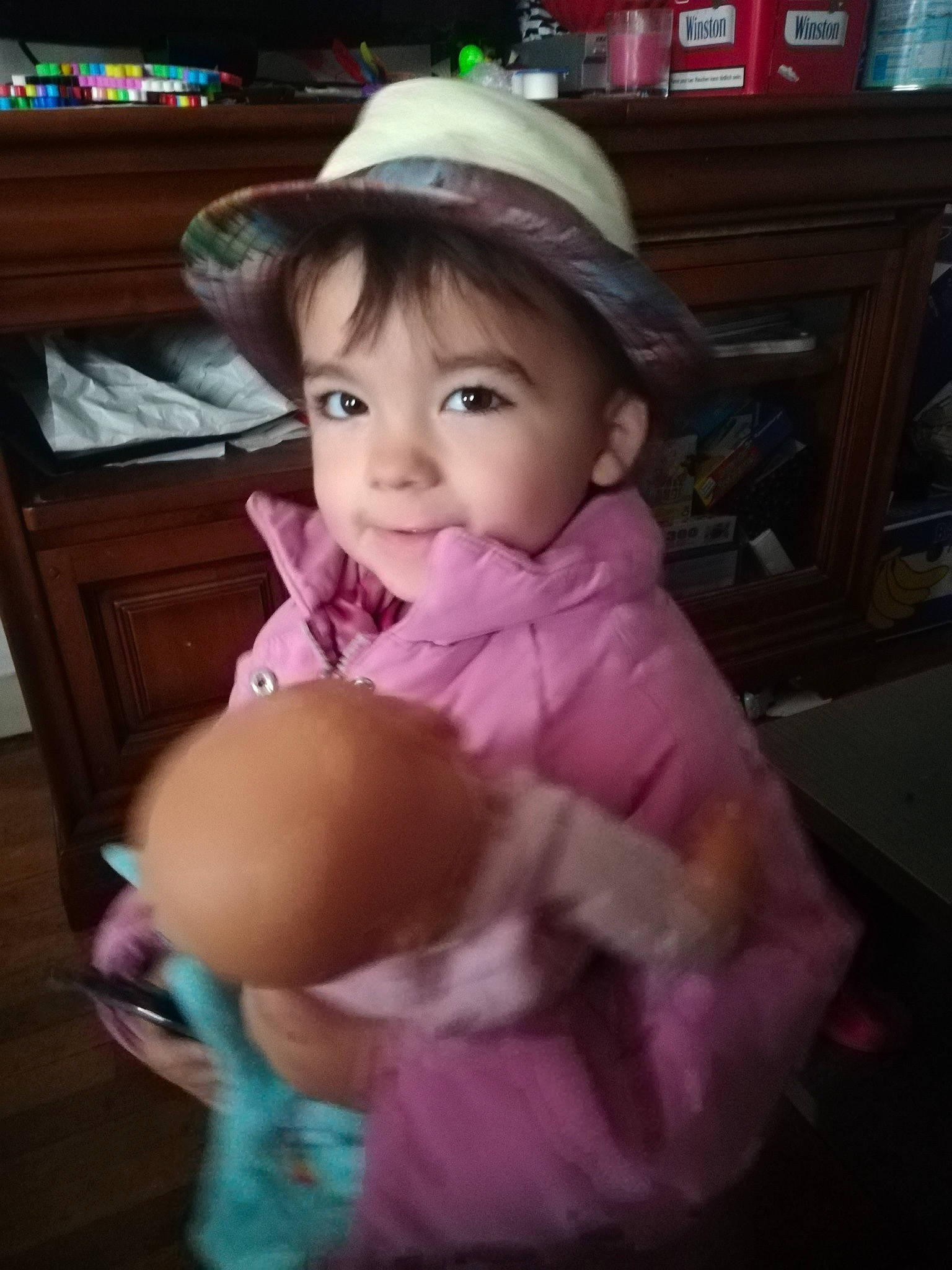 Elena participe au concours pour gagner de l'argent avec cette photo : baby, baby_toddler_clothing, child, costume, costume_hat, event, fashion_accessory, fedora, fun, happy, hat, head, headgear, magenta, person, pink, purple, skin, sun_hat, teddy_bear