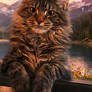 Mochi is registered to the contest to win money with this photo: cat, maine_coon, longhair, fluffy, whiskers, ears, paws, face, big_eyes, portrait, fence, flowers, lake, mountains, sunset, sky, clouds, nature, outdoor, relaxed