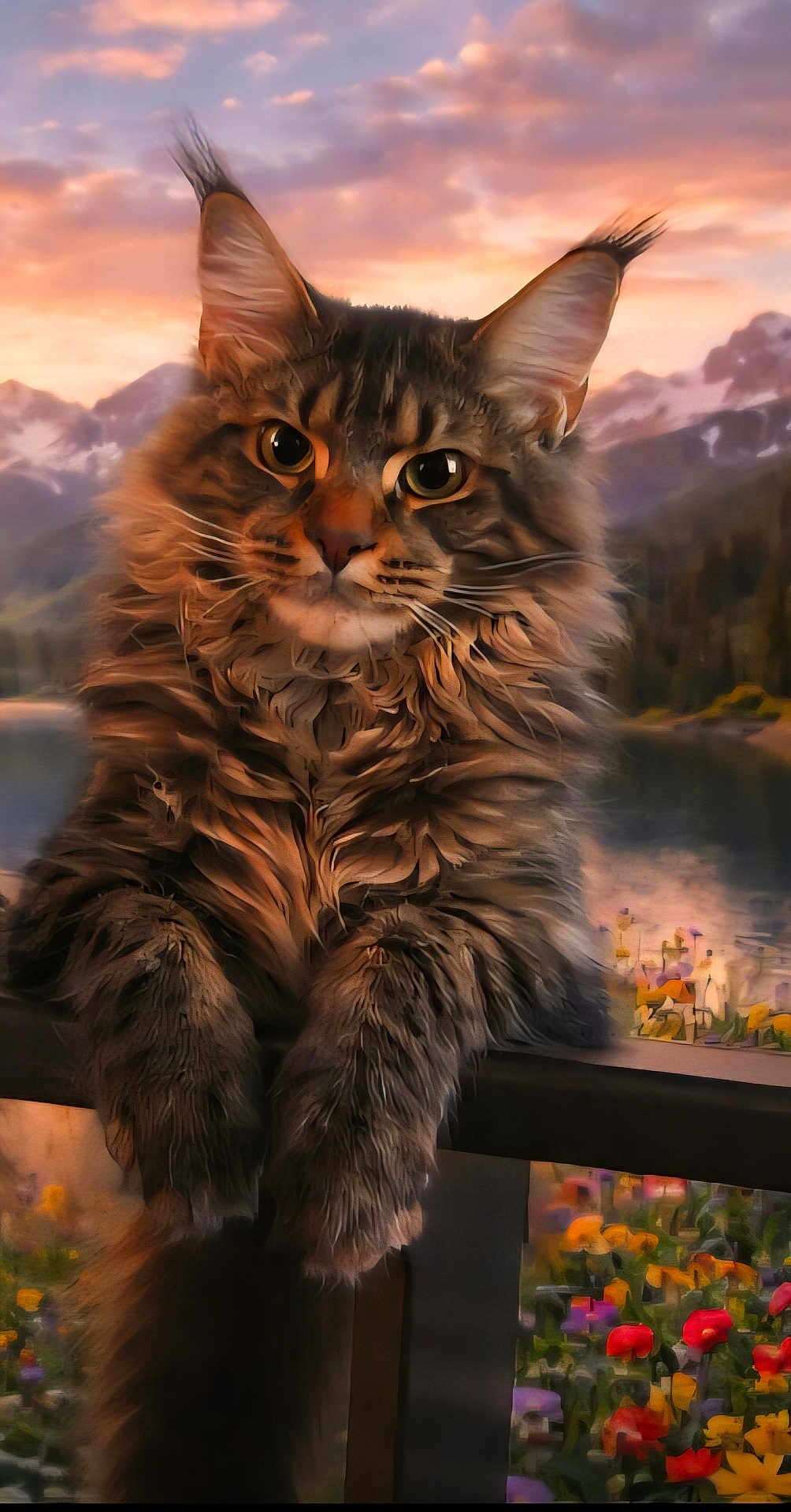 Mochi is registered to the contest to win money with this photo: cat, maine_coon, longhair, fluffy, whiskers, ears, paws, face, big_eyes, portrait, fence, flowers, lake, mountains, sunset, sky, clouds, nature, outdoor, relaxed