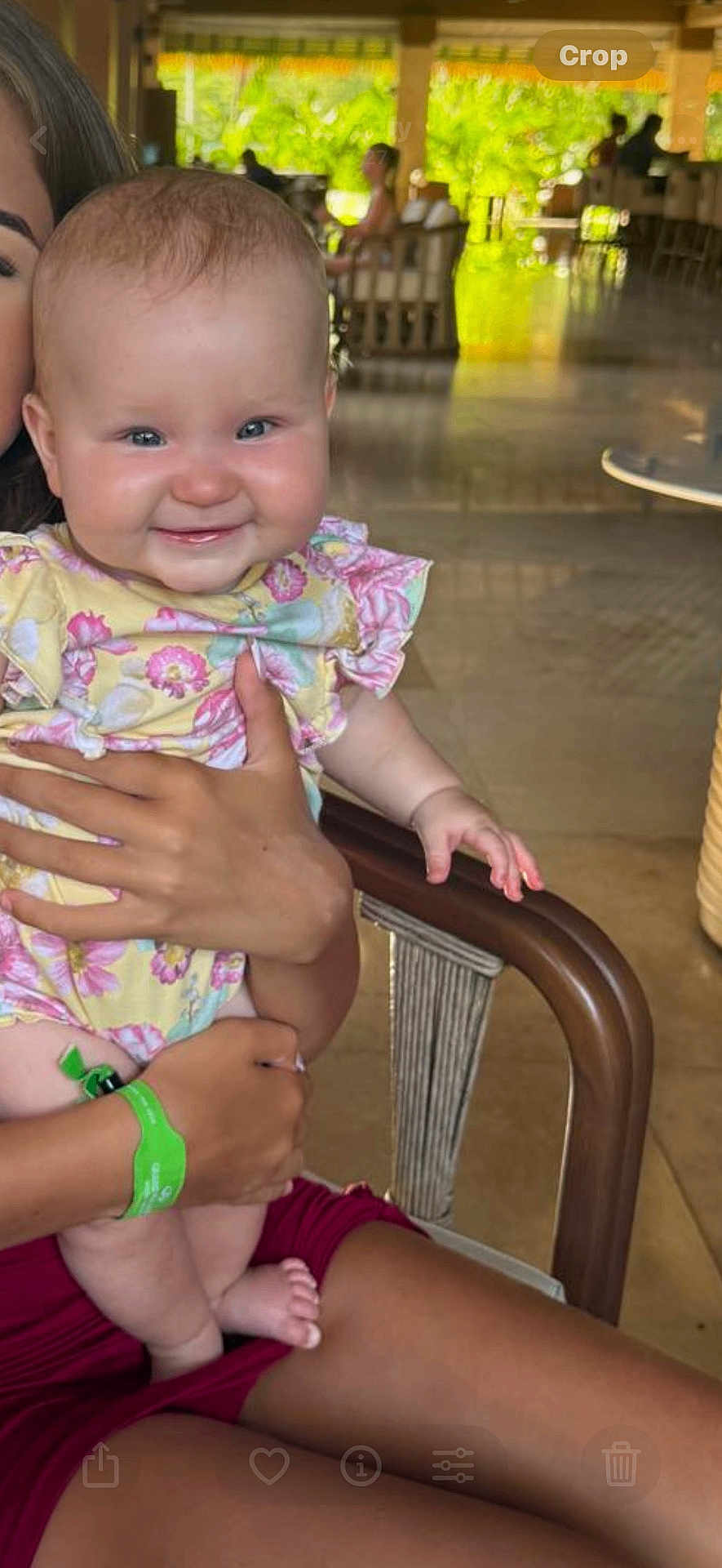 Esmae joined the competition — help win amazing prizes! baby, infant, smile, child, person, hand, arm, face, clothing, sitting, indoor, furniture, chair, skin, leg, adult, holding, cute, happy, portrait