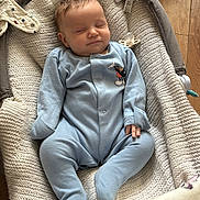 Lucas is registered to the contest to win money with this photo: baby, blanket, blue_clothing, child, comfort, cute, floor, indoors, infant, knitted_blanket, onesie, pacifier, peaceful, plush_toy, portrait, resting, sleeping, soft_texture, toddler, wooden_floor