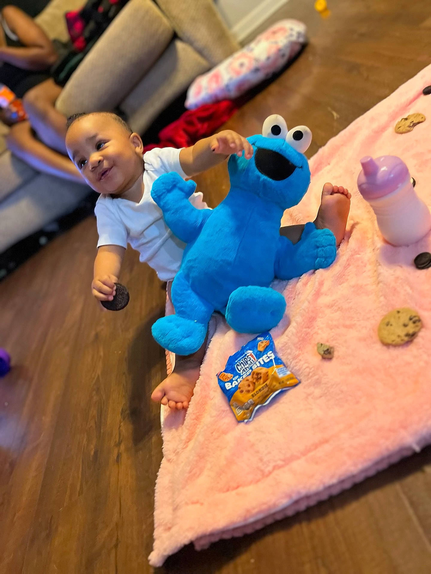 baby, baby_bottle, child, cookie, cookie_monster_toy, couch, feet, floor, happy, home, indoor, person, pink_blanket, playtime, plush_toy, relaxed, smiling, snack, toy, wooden_floor