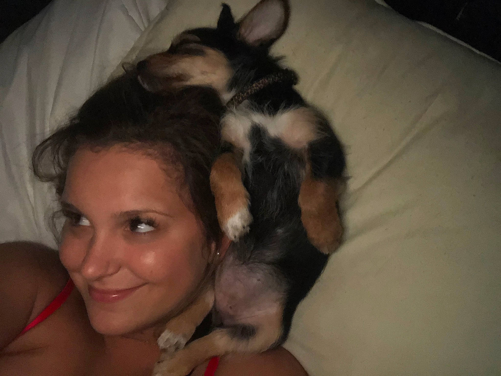 Ariana is registered to the contest to win money with this photo: black_hair, canidae, cheek, dog_breed, ear, eye, eyebrow, face, fawn, hair, head, mouth, neck, nose, organ, puppy, puppy_love, selfie, skin, smile