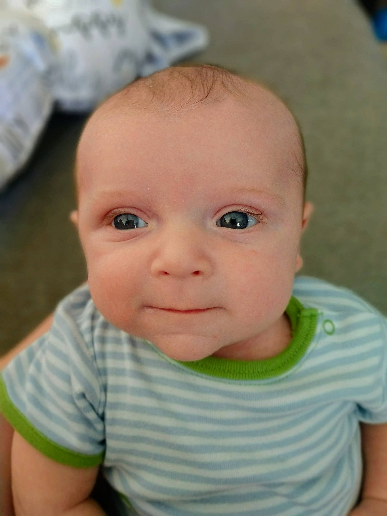 Bryson joined the competition — help win amazing prizes! azure, baby, baby_toddler_clothing, cheek, child, chin, close_up, clothing, eyelash, happy, iris, mouth, nose, organ, person, product, skin, sleeve, smile, toddler